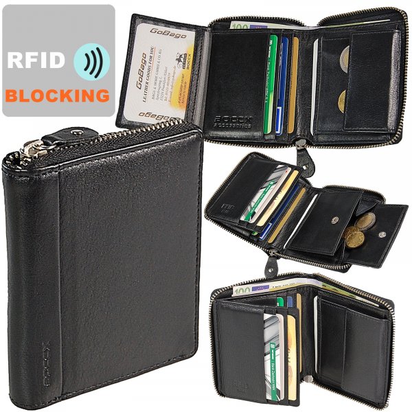 Herrenbörse Reißverschluss RFID Blocker Geldbörse Leder Geldbeutel 70043