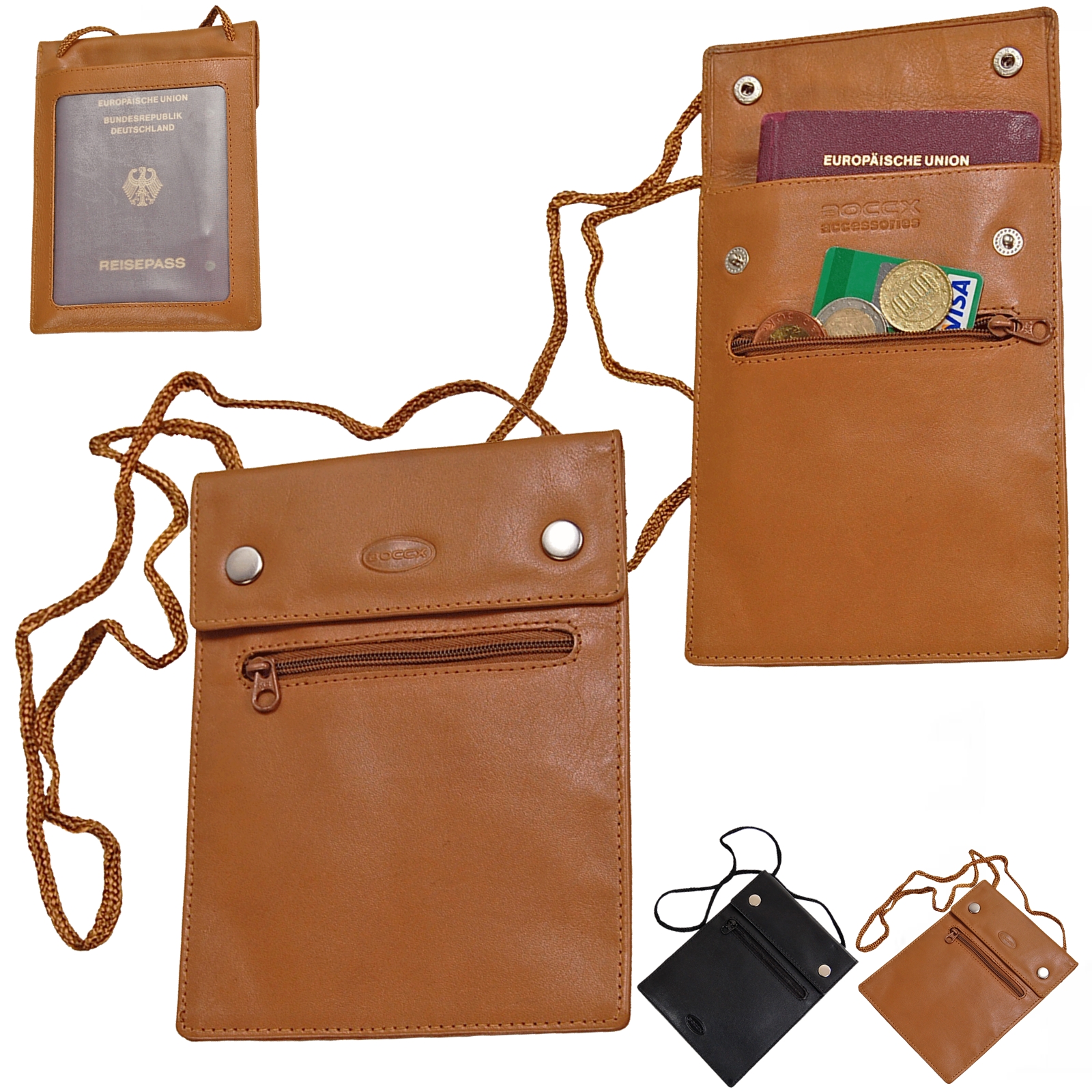 Boccx Markenshop - Brustbeutel Leder RFID Schutz Brusttasche Klarsichtfach  Security Wallet 10018