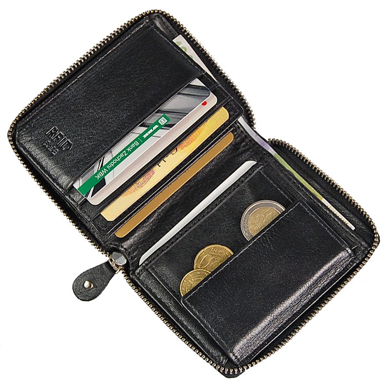 Herrenbörse Reißverschluss RFID Blocker Geldbörse Leder Geldbeutel 70043